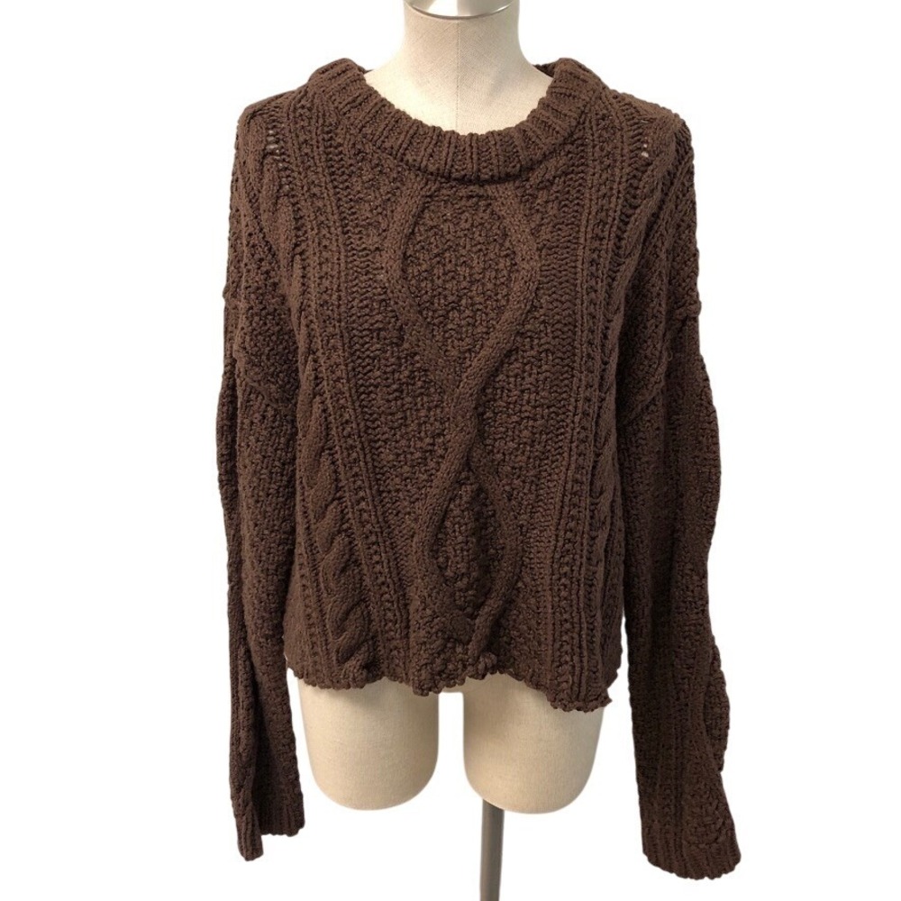 Free People Sweater Womens XL Brown Chunky Cable Knit Cotton Cropped Boho Earthy